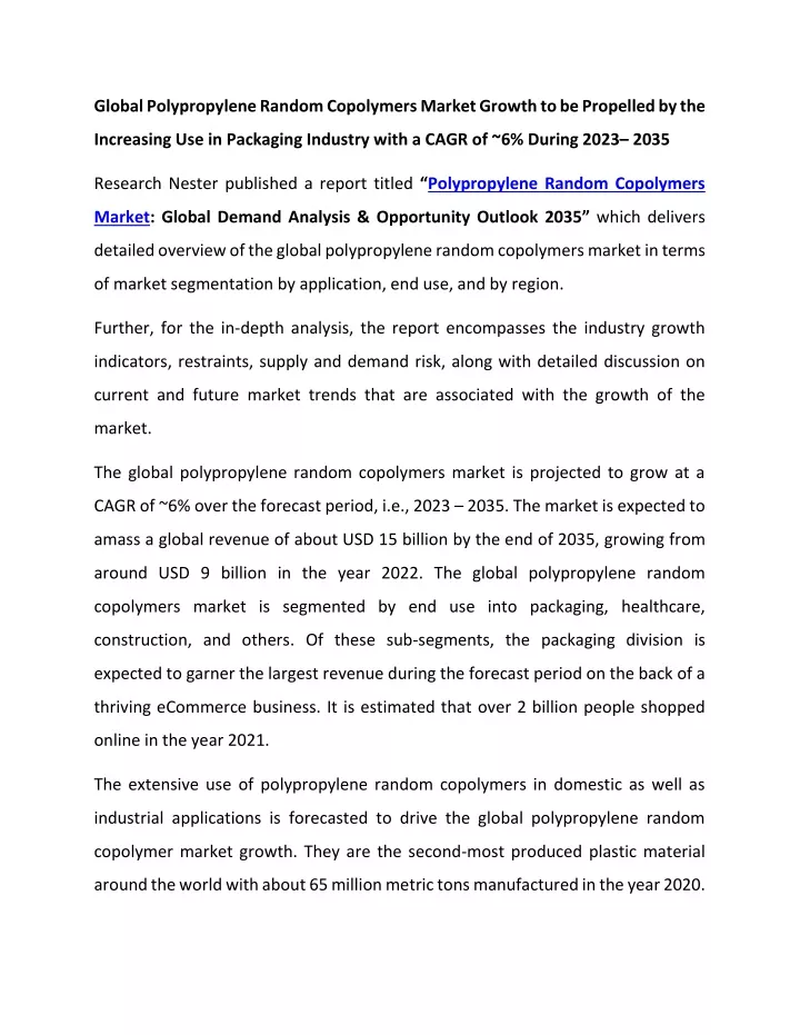 global polypropylene random copolymers market