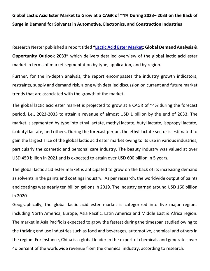 global lactic acid ester market to grow at a cagr