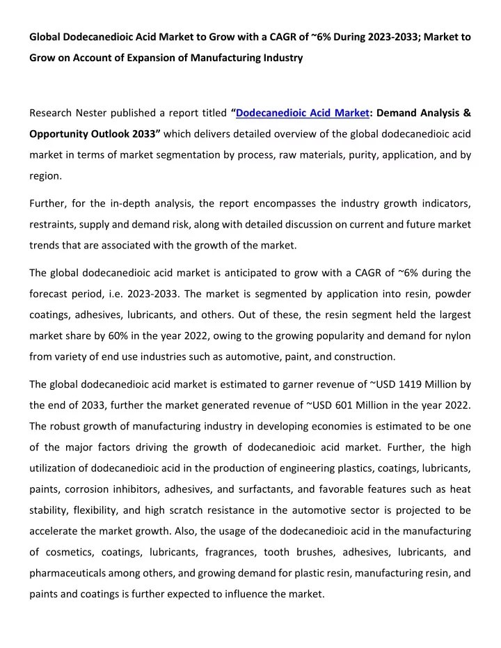 global dodecanedioic acid market to grow with