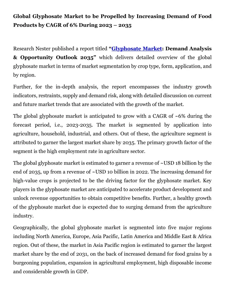 global glyphosate market to be propelled