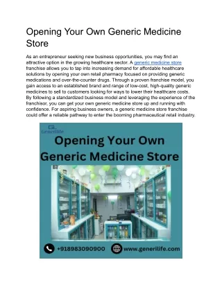 Opening Your Own Generic Medicine Store