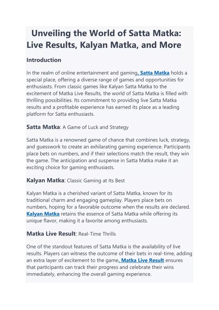 unveiling the world of satta matka live results