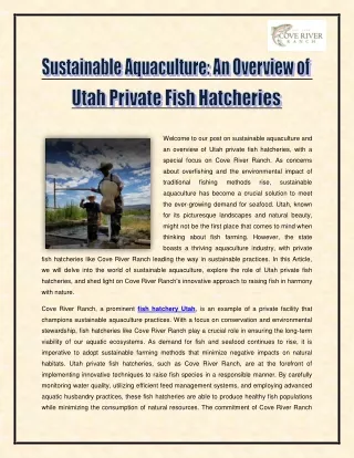 Sustainable Aquaculture - An Overview of Utah Private Fish Hatcheries
