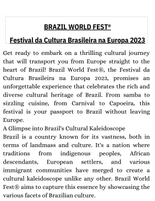 BRAZIL WORLD FEST Festival da Cultura Brasileira na Europa 2023