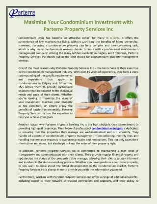 Maximize Your Condominium Investment with Parterre Property Services Inc