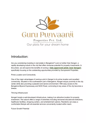 Exploring the Benefits of Owning a Plot in Kengeri, Bangalore_ Gurupavanii Properties