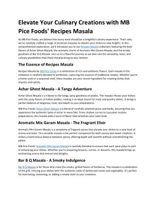 Elevate Your Culinary Creations with MB Pice Foods' Recipes Masala