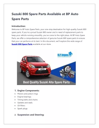 Suzuki 800 Spare Parts Available at BP Auto Spare Parts