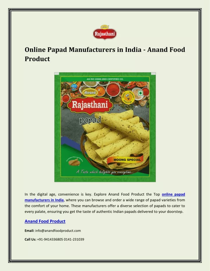 online papad manufacturers in india anand food