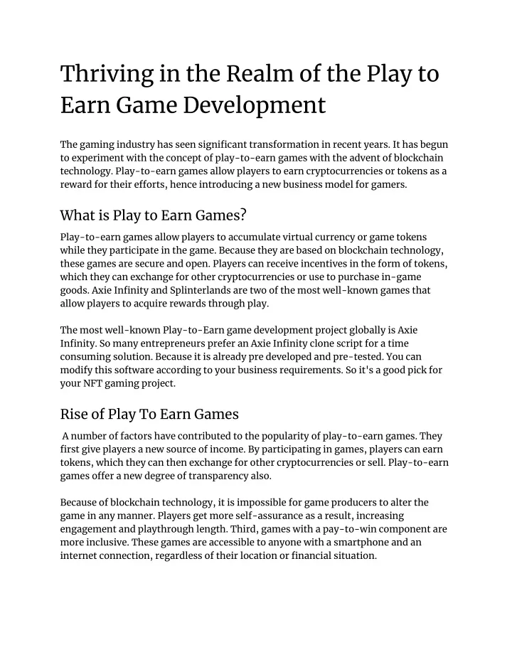 thriving in the realm of the play to earn game