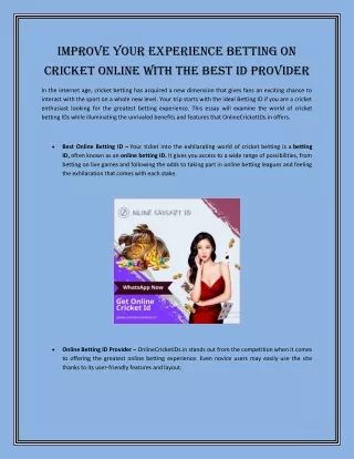 Improve Your Experience Betting on Cricket Online with the Best ID Provider