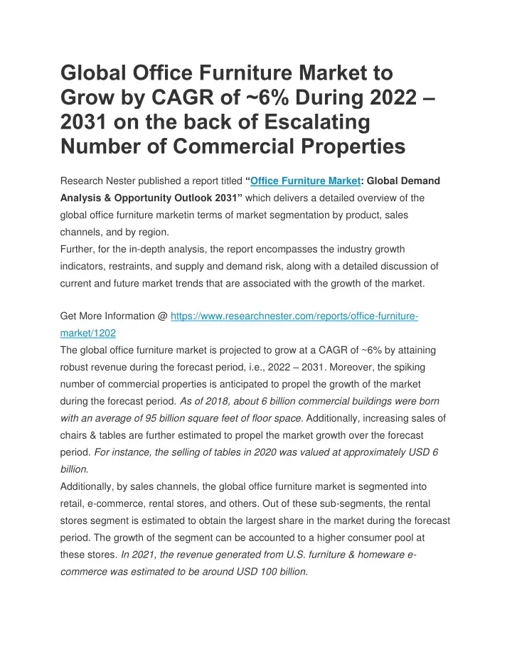 global office furniture market to grow by cagr