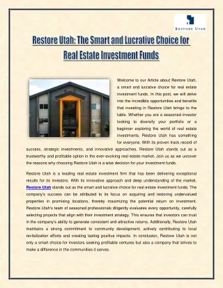 Restore Utah - The Smart and Lucrative Choice for Real Estate Investment Funds