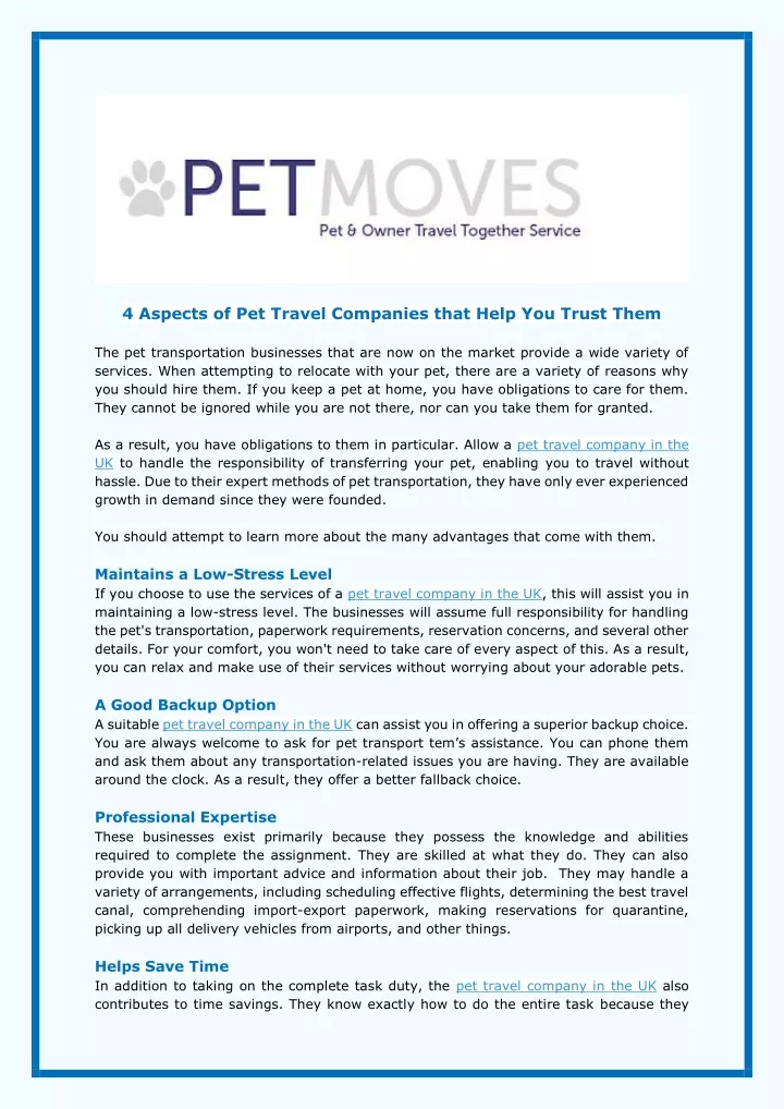 4 aspects of pet travel companies that help