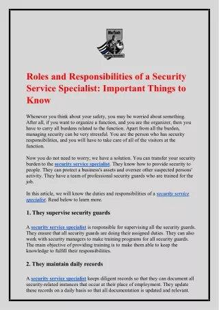 Roles and Responsibilities of a Security Service Specialist Important Things to Know