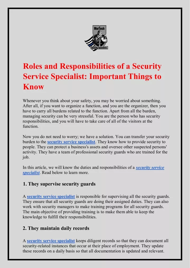 roles and responsibilities of a security service