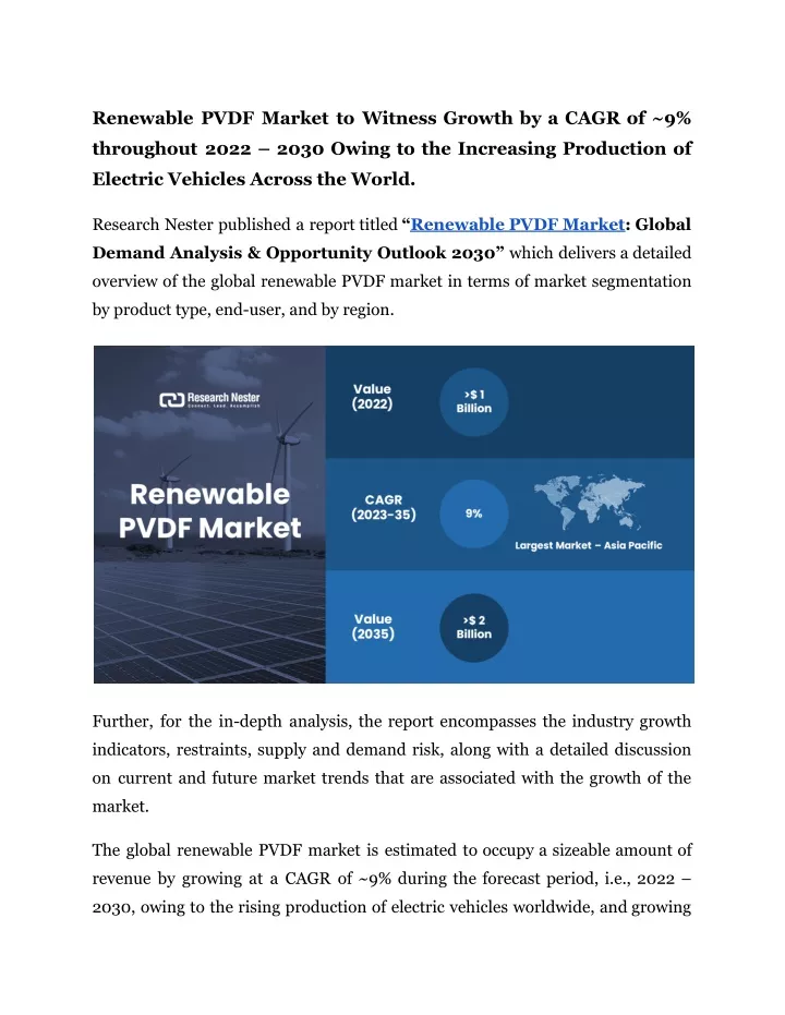 renewable pvdf market to witness growth by a cagr