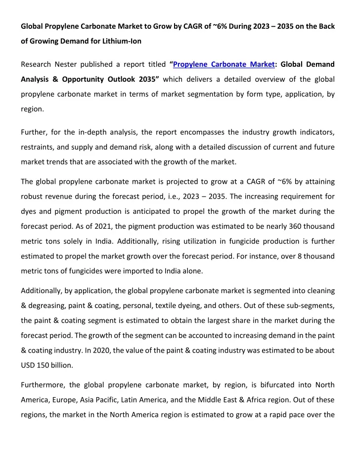 global propylene carbonate market to grow by cagr