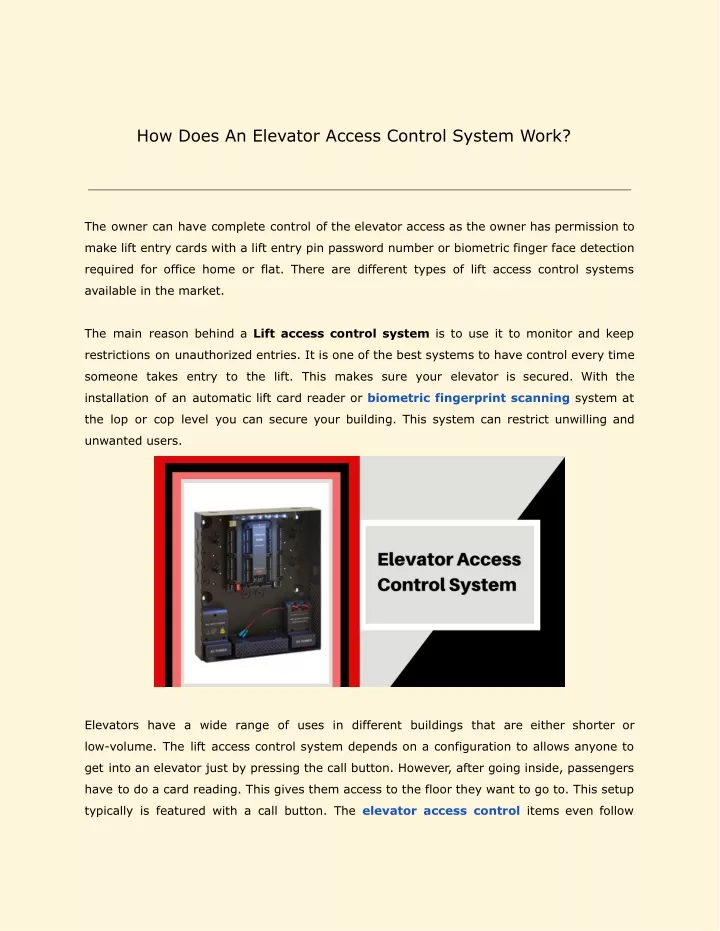 how does an elevator access control system work