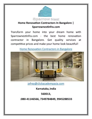 Home Renovation Contractors In Bangalore