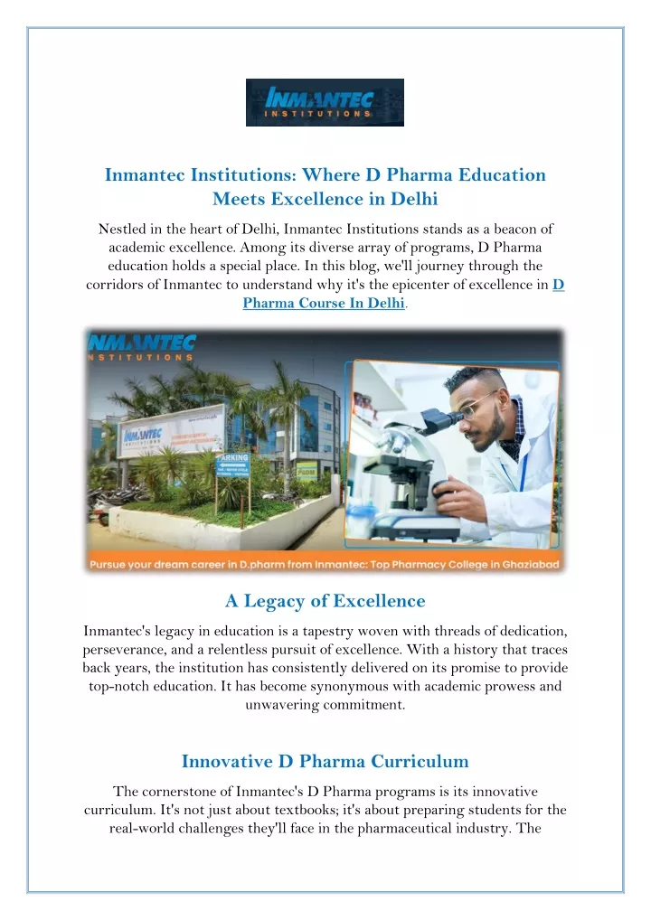 inmantec institutions where d pharma education