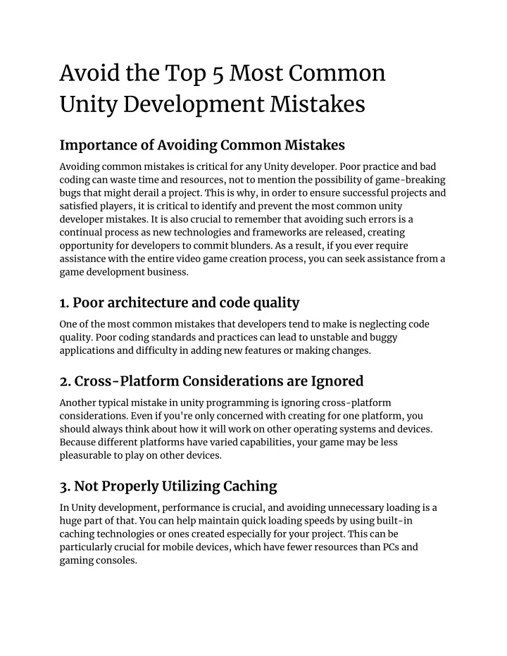 avoid the top 5 most common unity development