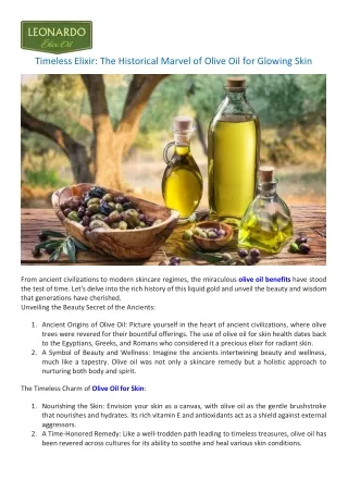 Timeless Elixir The Historical Marvel of Olive Oil for Glowing Skin