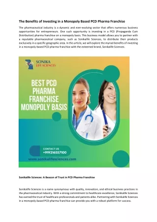 The Benefits of Investing in a Monopoly Based PCD Pharma Franchise