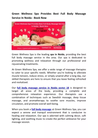 Green Wellness Spa Provides Best Full Body Massage Service In Noida