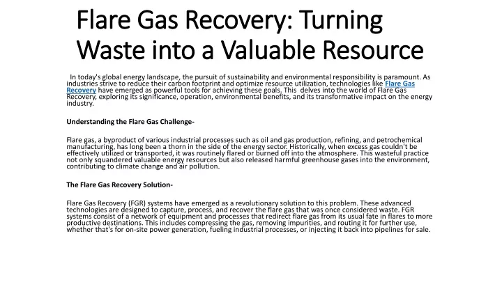 flare gas recovery turning waste into a valuable resource