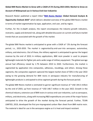 global bmi resins market to grow with a cagr