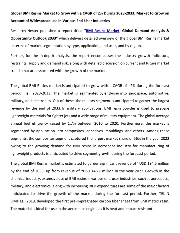 global bmi resins market to grow with a cagr