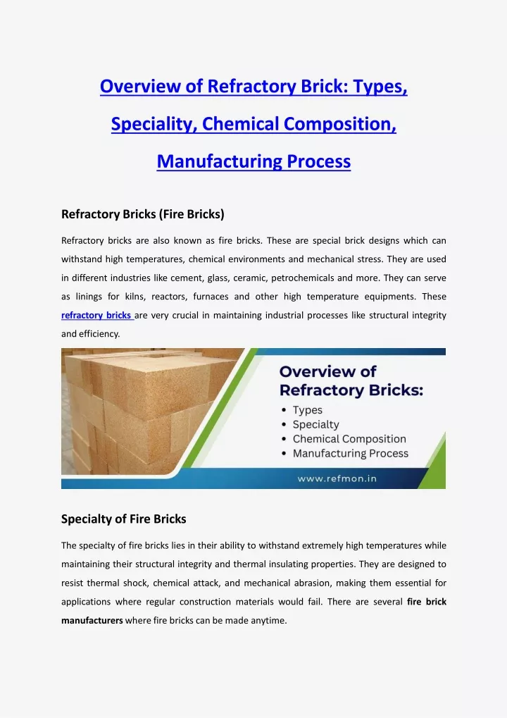overview of refractory brick types speciality chemical composition manufacturing process