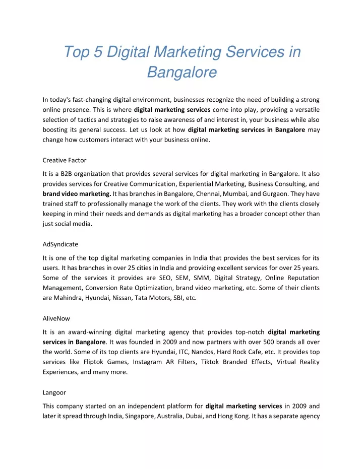 top 5 digital marketing services in bangalore