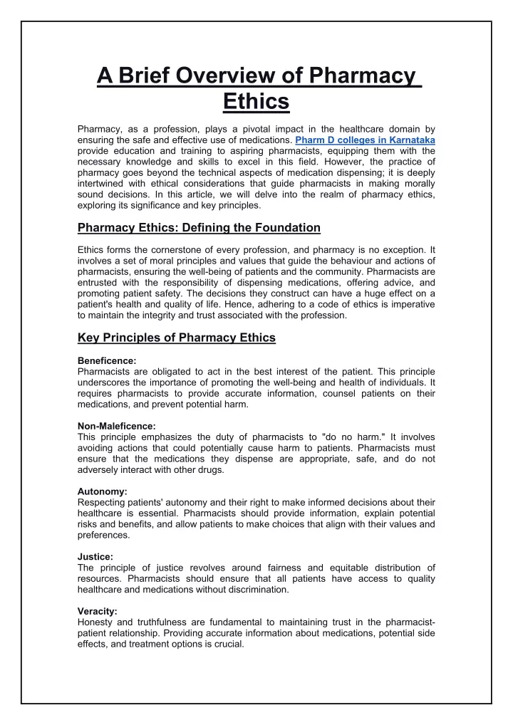 a brief overview of pharmacy ethics
