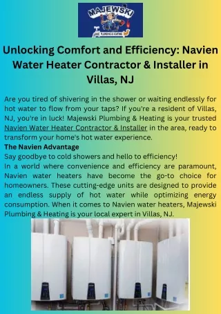 Unlocking Comfort and Efficiency Navien Water Heater Contractor & Installer in Villas, NJ