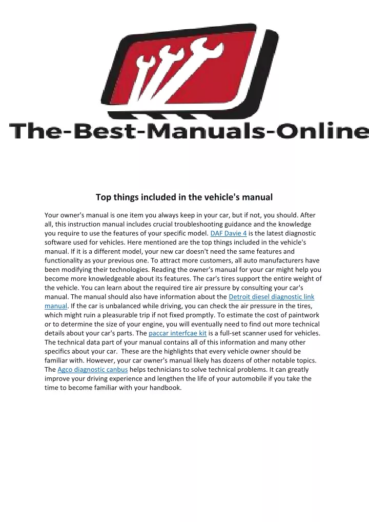 top things included in the vehicle s manual