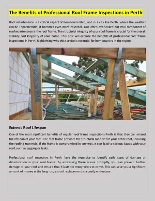 The Benefits of Professional Roof Frame Inspections in Perth