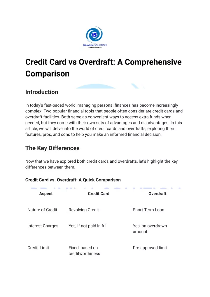 credit card vs overdraft a comprehensive