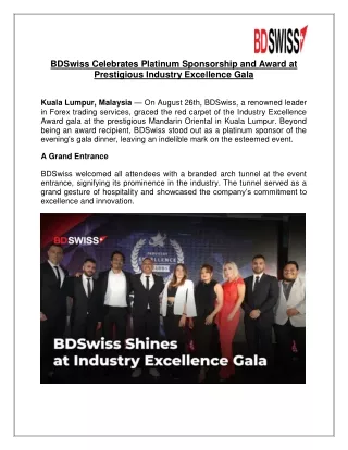 BDSwiss Celebrates Platinum Sponsorship and Award at Prestigious Industry Excellence Gala