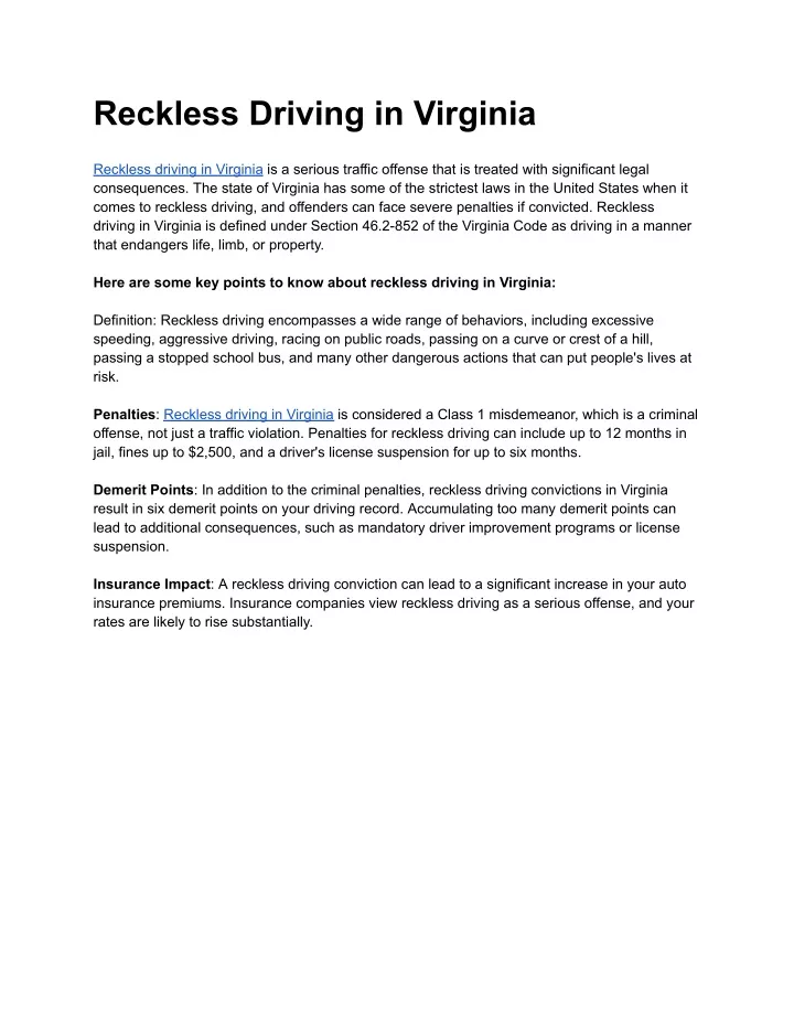 reckless driving in virginia