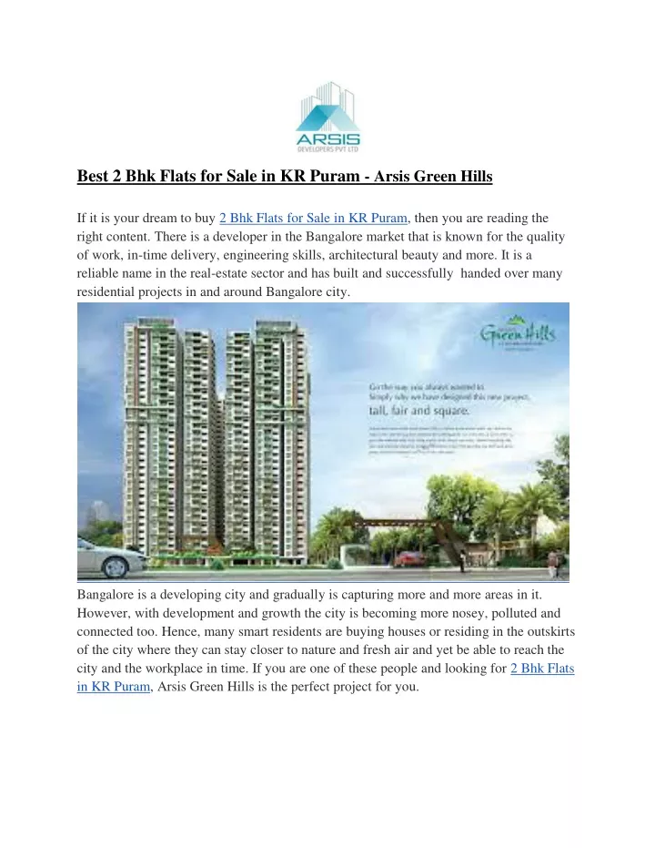 best 2 bhk flats for sale in kr puram arsis green