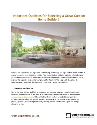Important Qualities for Selecting a Great Custom Home Builder!