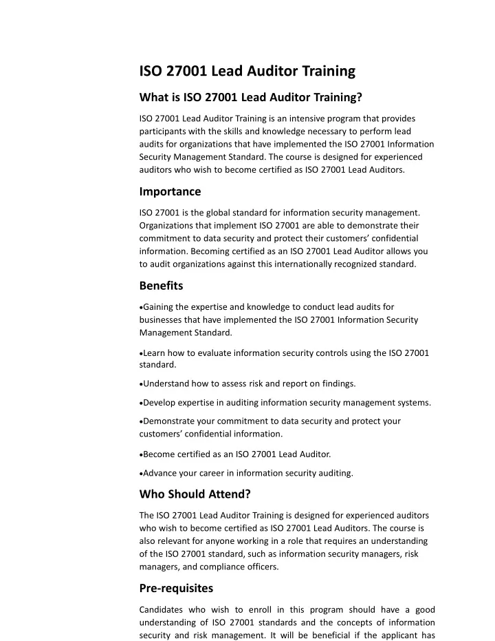 iso 27001 lead auditor training what is iso 27001