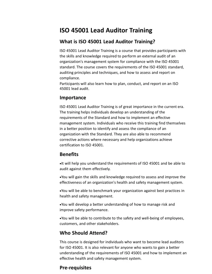 iso 45001 lead auditor training what is iso 45001