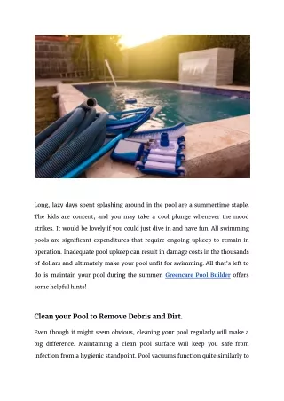 Greencare Pool Builder - Tips on Having a Clean Pool During Summer