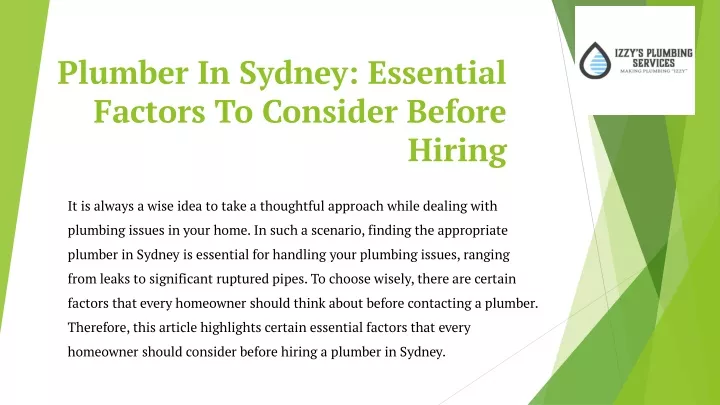 plumber in sydney essential factors to consider before hiring