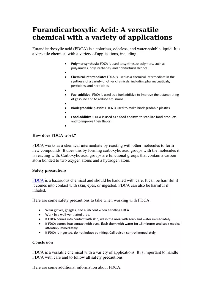 furandicarboxylic acid a versatile chemical with