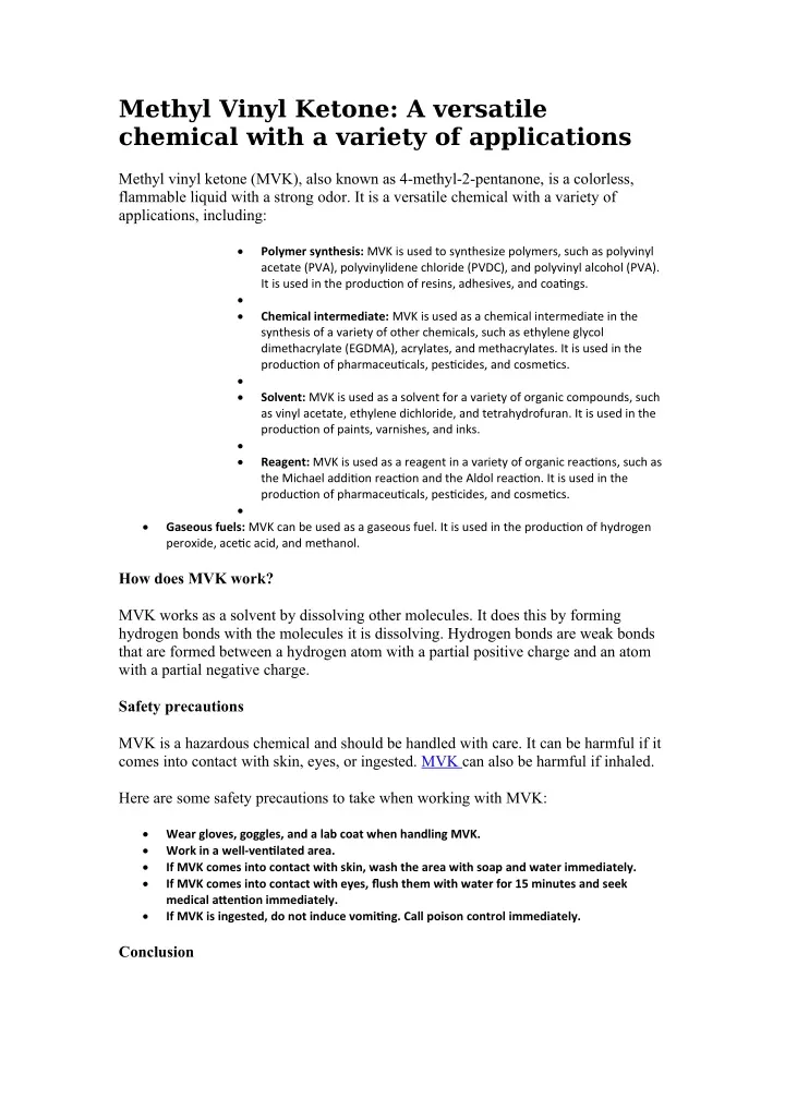 methyl vinyl ketone a versatile chemical with