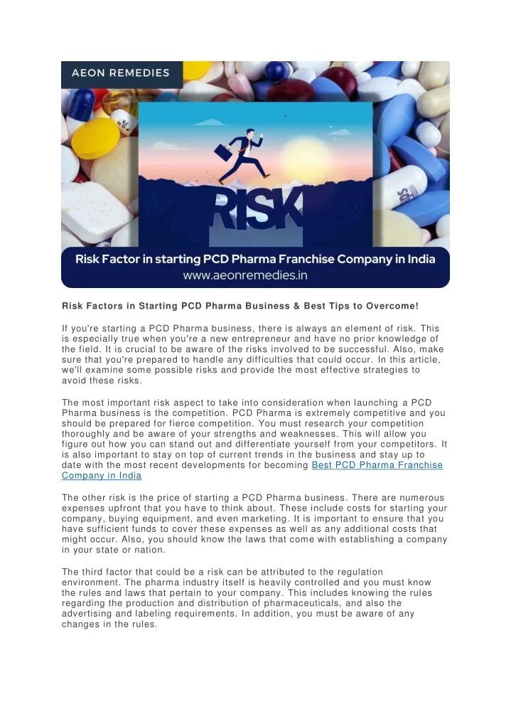 risk factors in starting pcd pharma business best